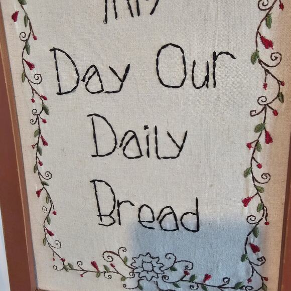 Vtg Needlepoint Prayer Picture Give Us This Day Our Daily Bread Rustic Religious - Picture 5 of 10